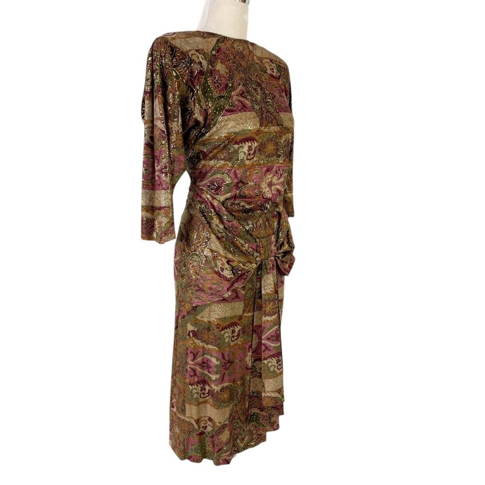 Janine Hand Painted Gold Metallic Mosaic Dress Size Medium Vintage 1980s Italy